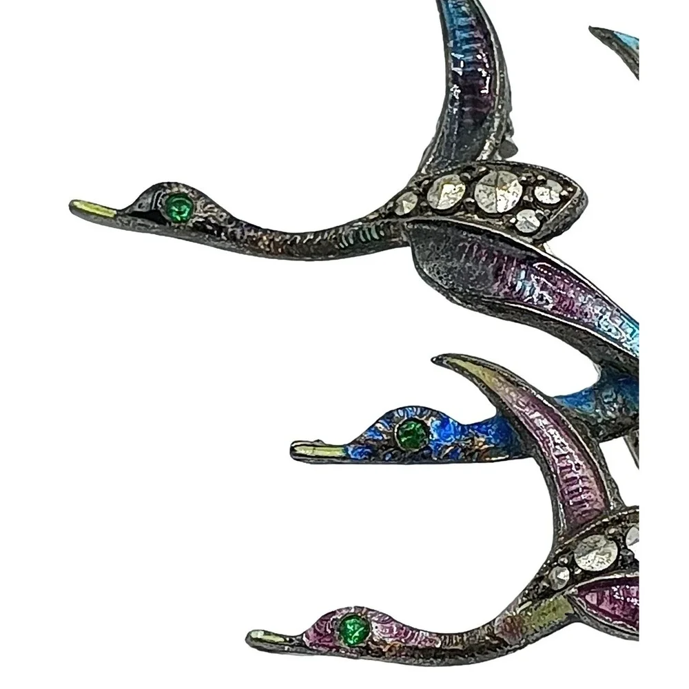 Vintage 835 Silver Bird Brooch Marcasites Enamel Ducks Flying Figural Pin Jewelr
